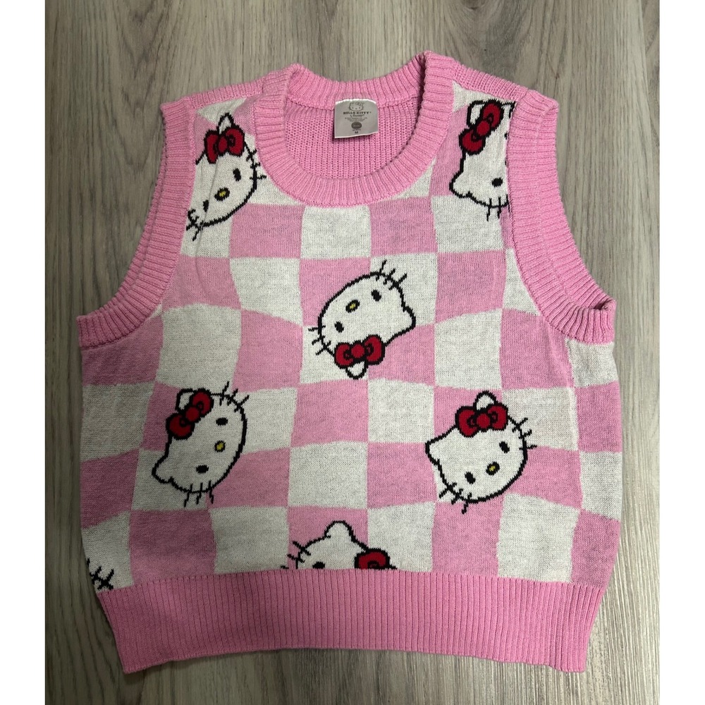 Hello Kitty Checkerboard Sweater Vest Pink White Women's Size M